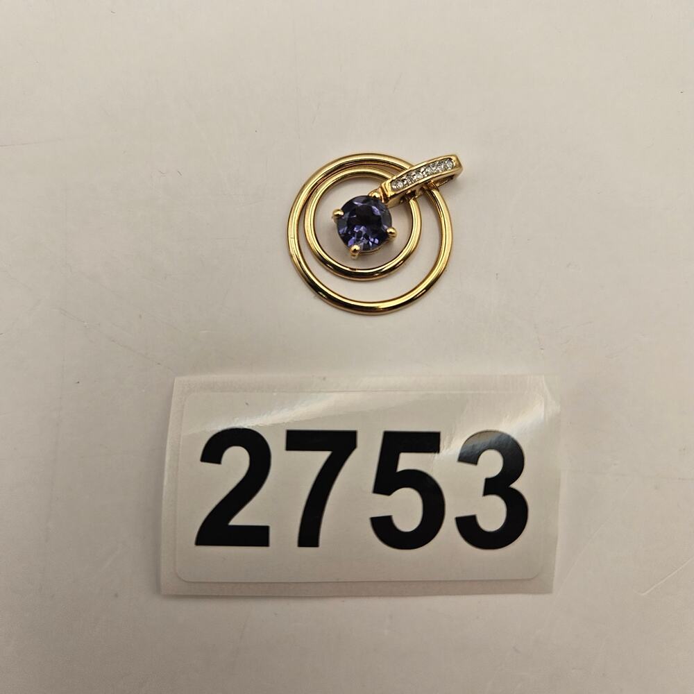 14K GOLD IOLITE DIAMOND PENDANT CIRCLE DESIGN BLUE GEMSTONE MODERN ESTATE